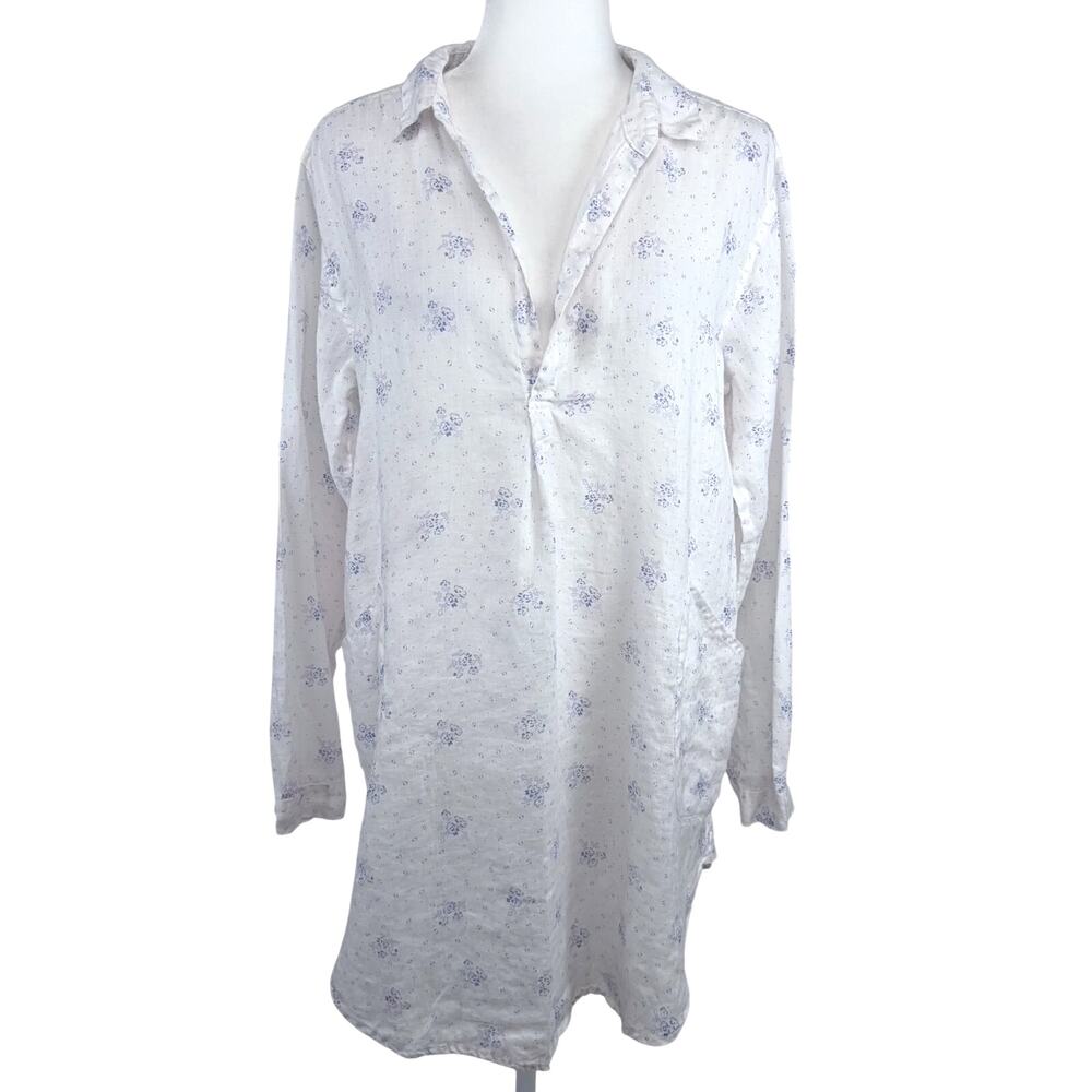 CP Shades Teton Linen Tunic Dress Size Medium White with Blue Floral